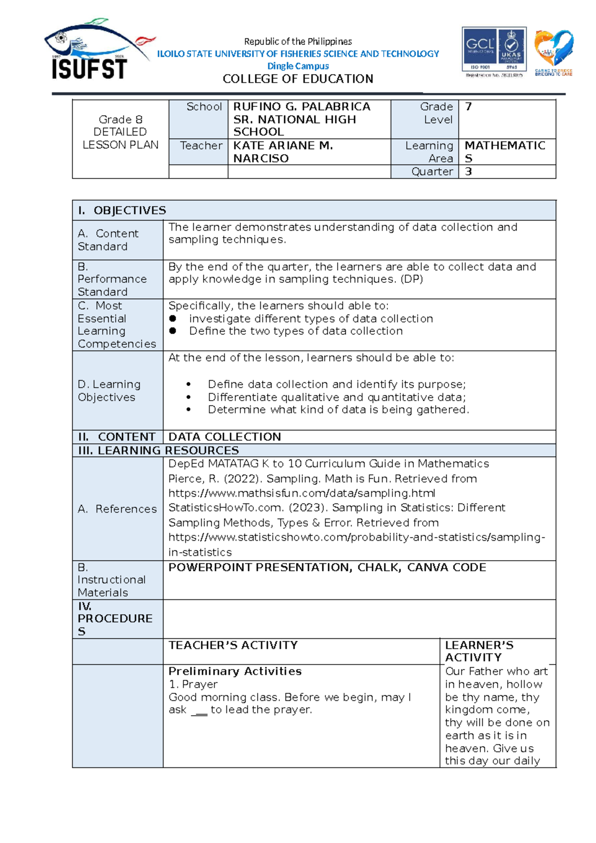 Grade 7 Math Lesson Plan: Data Collection & Sampling Techniques - Studocu