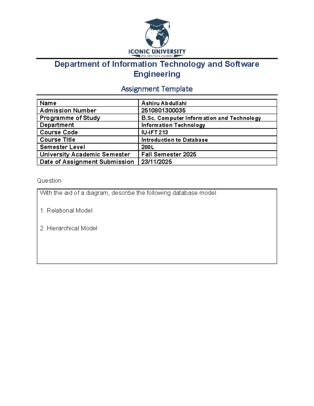 IU-IFT 213 Assignment: Database Models - Relational & Hierarchical ...