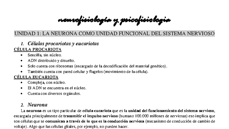 Resumen Primer Parcial - Neurofisiología y Psicofisiología (Unidad 1 ...