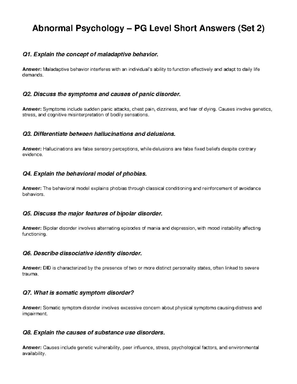 Abnormal Psychology PG Level Short Answers Set 2 - Studocu