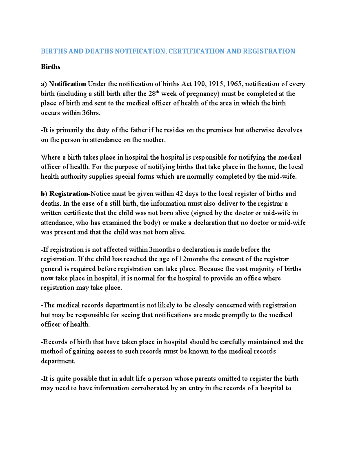 Health Records Management Notes - BIRTHS AND DEATHS NOTIFICATION ...