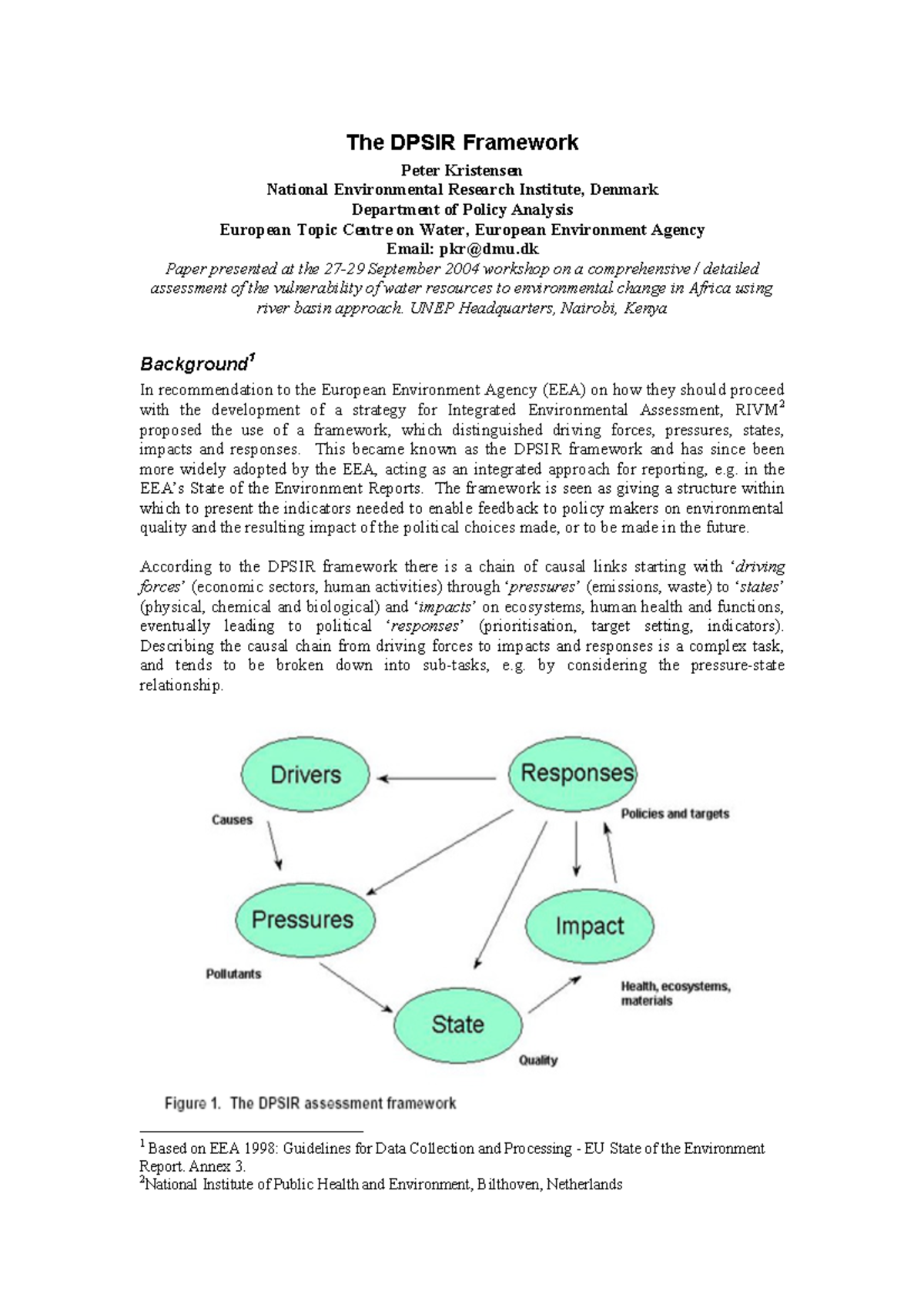 DPSIR Framework Overview - Peter Kristensen 2004 Insights - Studocu