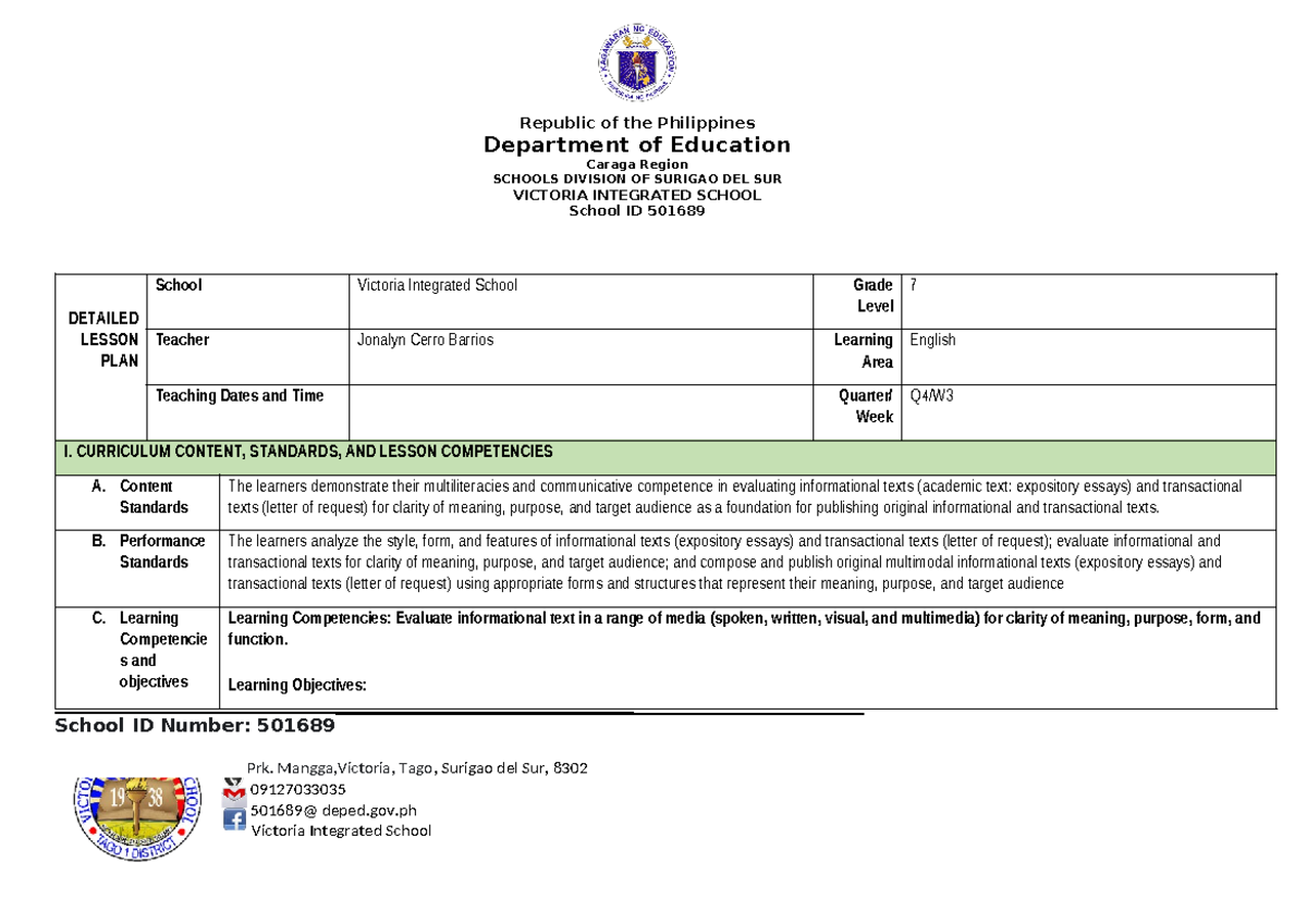 Grade 7 English Lesson Plan: Identifying the Main Idea (School ID ...