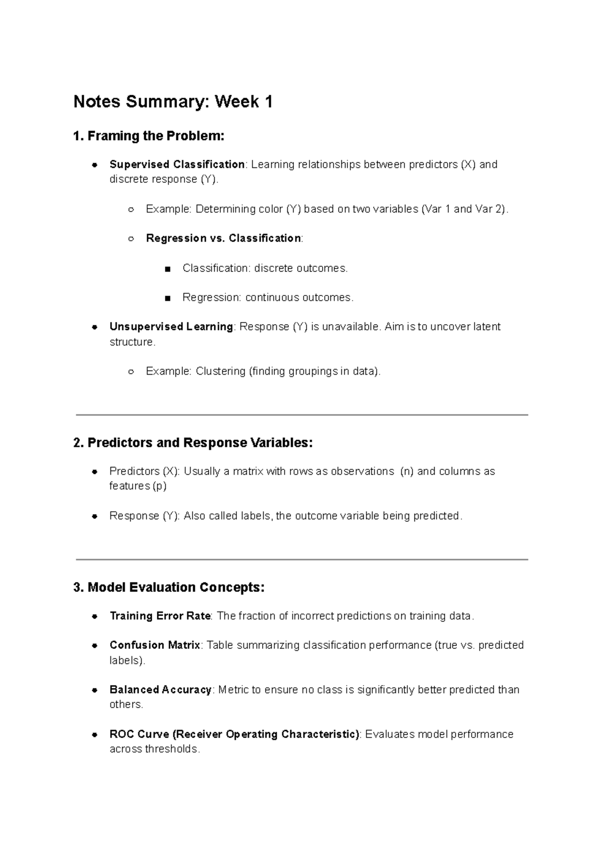 ML Recap: Supervised Classification & Model Evaluation Notes - Studocu