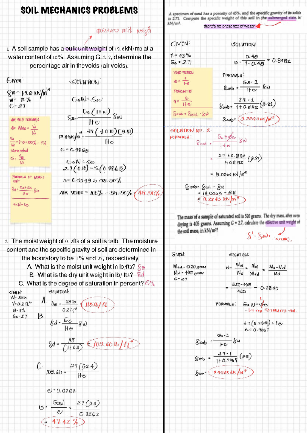 Practice problems geotech - SOIL MECHANICS PROBLEMS A soil sample has a ...