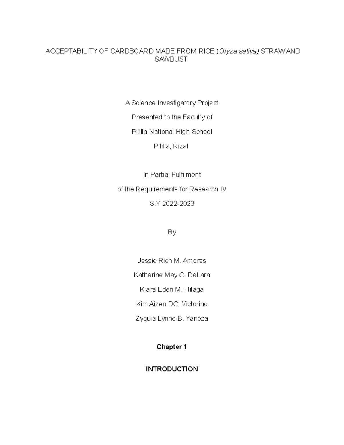 Acceptability of Cardboard from Rice Straw & Sawdust (Research IV ...