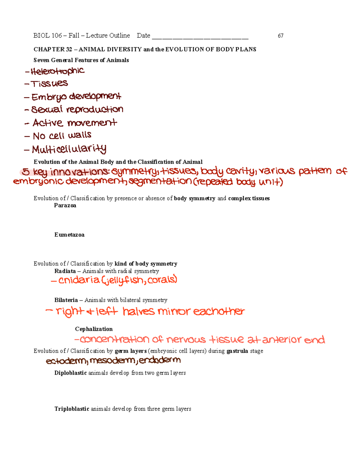 BIOL 106 – Fall – Lecture Outline on Animal Diversity - Studocu