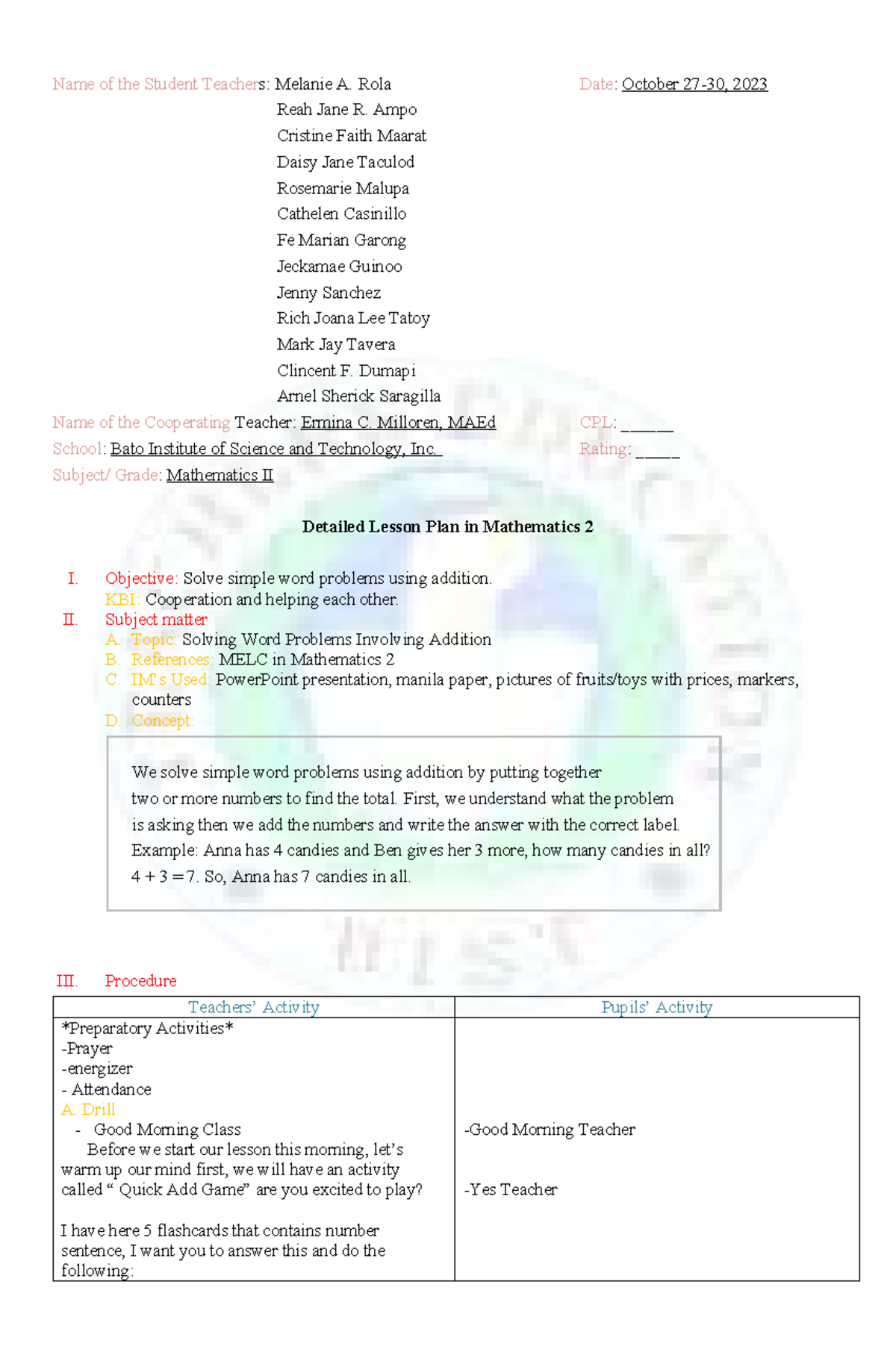 Detailed Lesson Plan in Mathematics II (Math 2) - Solving Word Problems ...