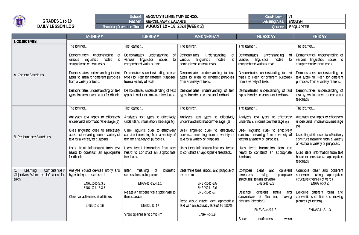 DLL English 6 Q1 W3 - Detailed Lesson Plan for Grade VI - Studocu