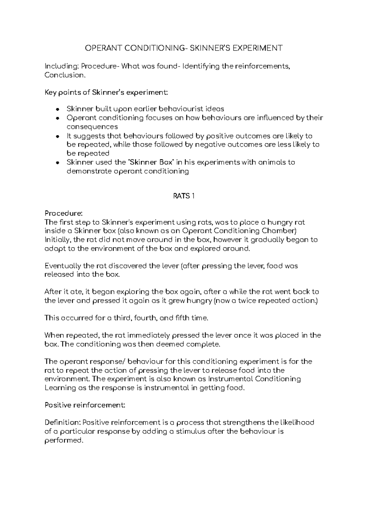 Operant Conditioning and Skinner's Experiment on Rats - Studocu