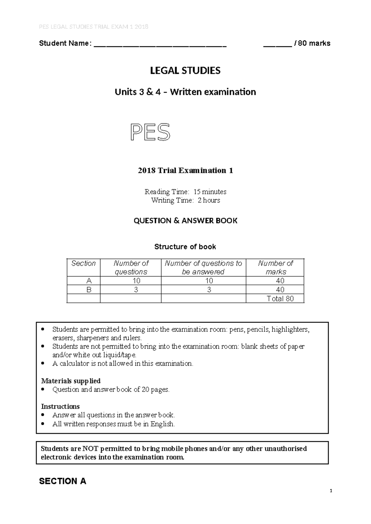 PES 2018 Trial Exam 1 - Legal Studies Practice Questions & Answers ...