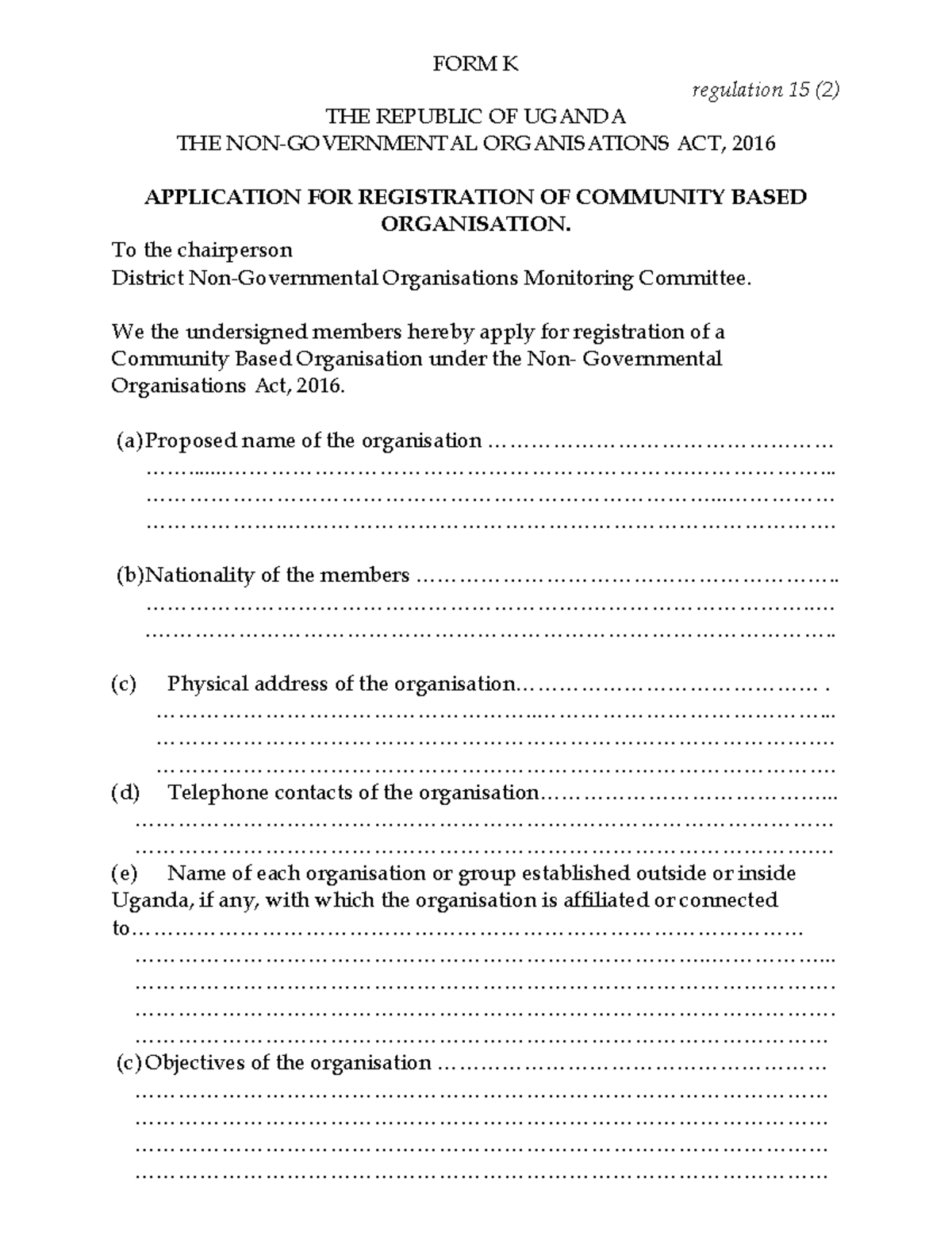 FORM K: Community Based Organisation Registration Application - Studocu