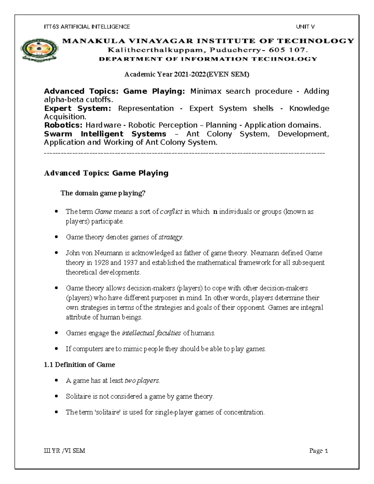 Advanced Topics in AI: Game Theory, Expert Systems, & Robotics (CS 301 ...