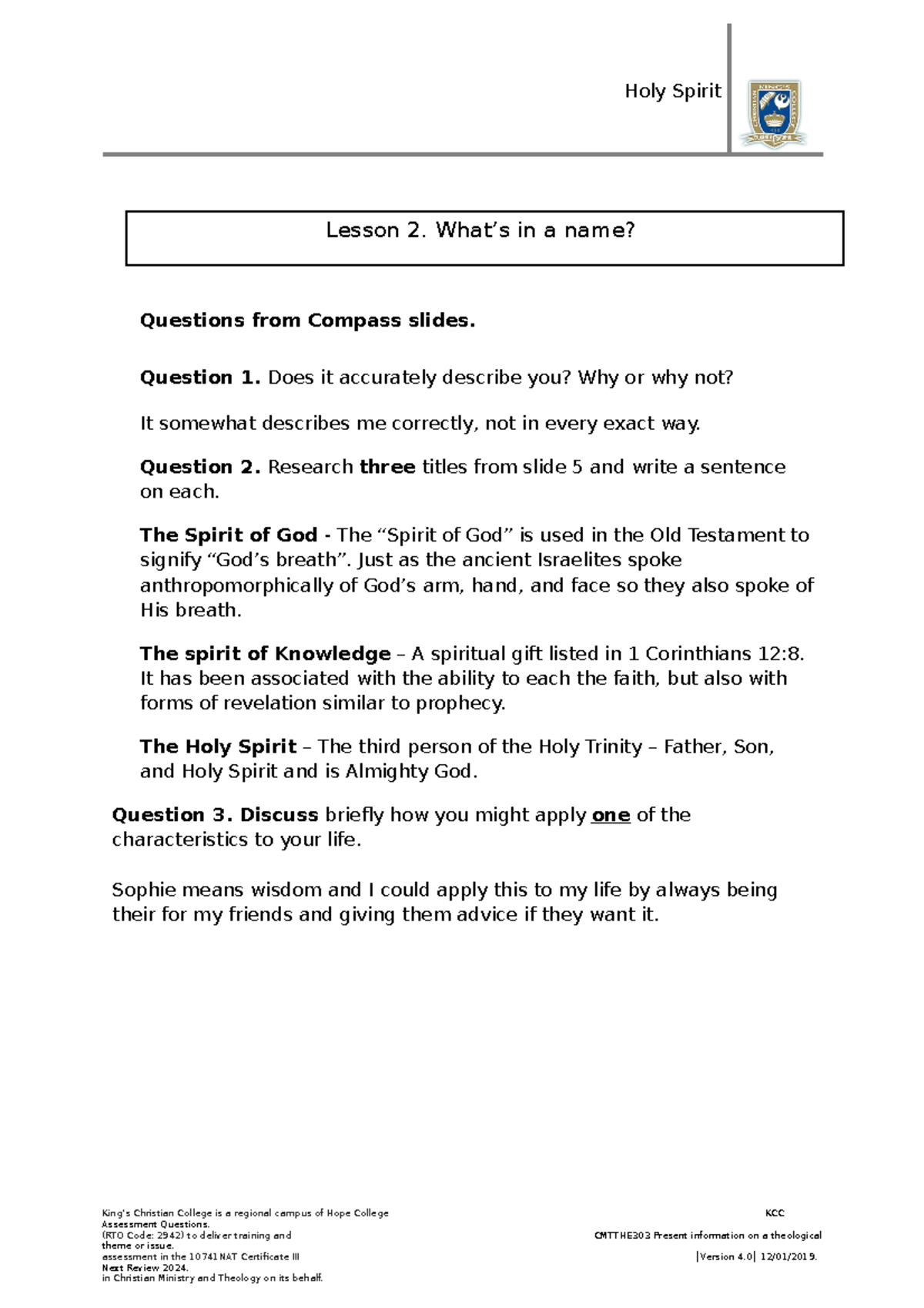 CMTTHE303 L2 Questions and Answers on the Holy Spirit - Studocu
