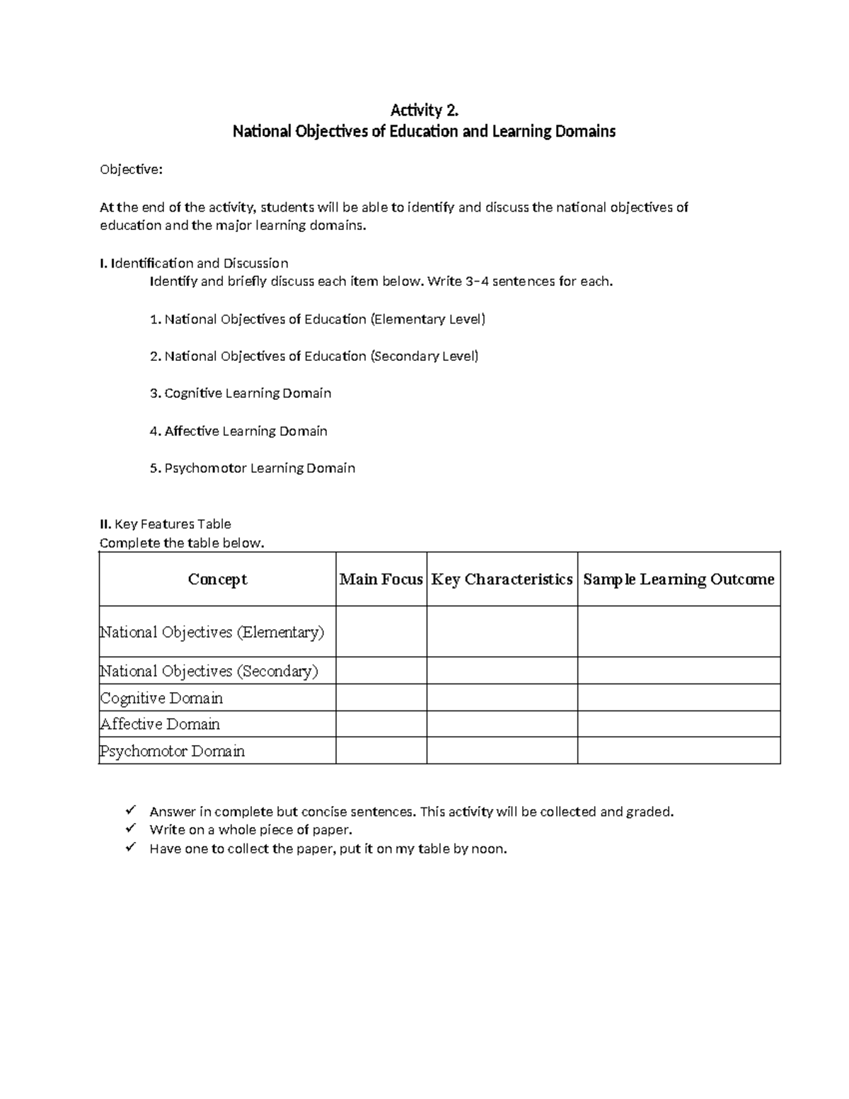 Activity 2: National Objectives of Education & Learning Domains - Studocu