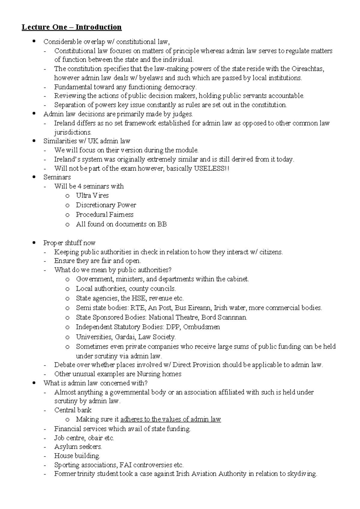 Admin Law 101 - Introductory Lecture Notes for Legal Studies - Studocu