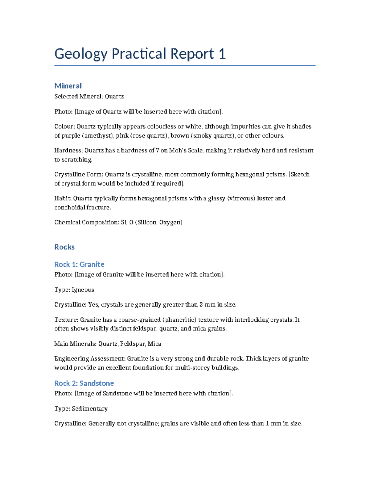 Geology Practical Report 1: Analysis of Quartz, Granite, and Sandstone ...