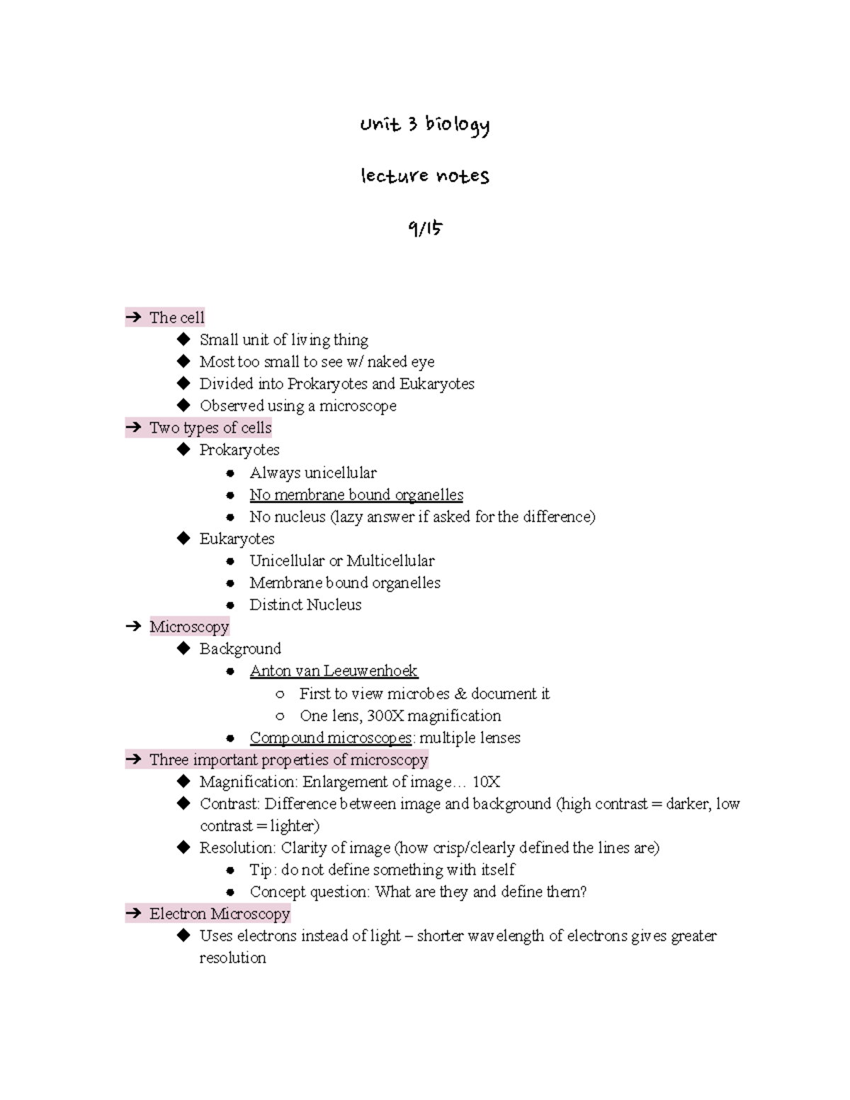 Unit 3 BIO 101 Lecture Notes: Cell Structure & Function Overview - Studocu