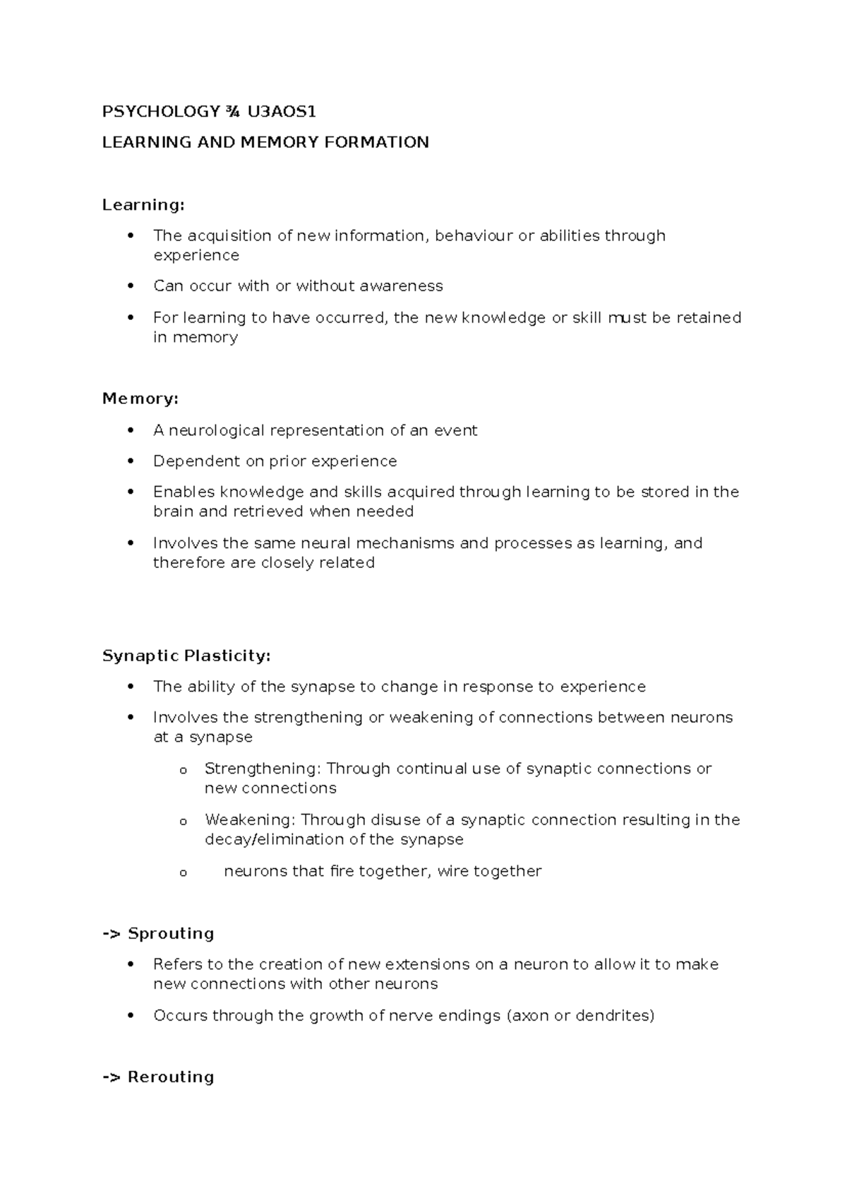 PSYCHOLOGY ¾ U3AOS1 LEARNING & MEMORY FORMATION NOTES - Studocu