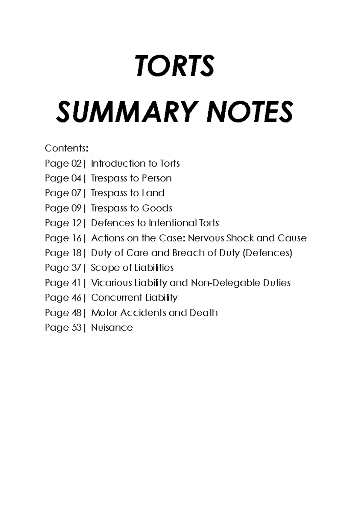 Torts Law Summary Notes: Key Concepts and Case Highlights - Studocu
