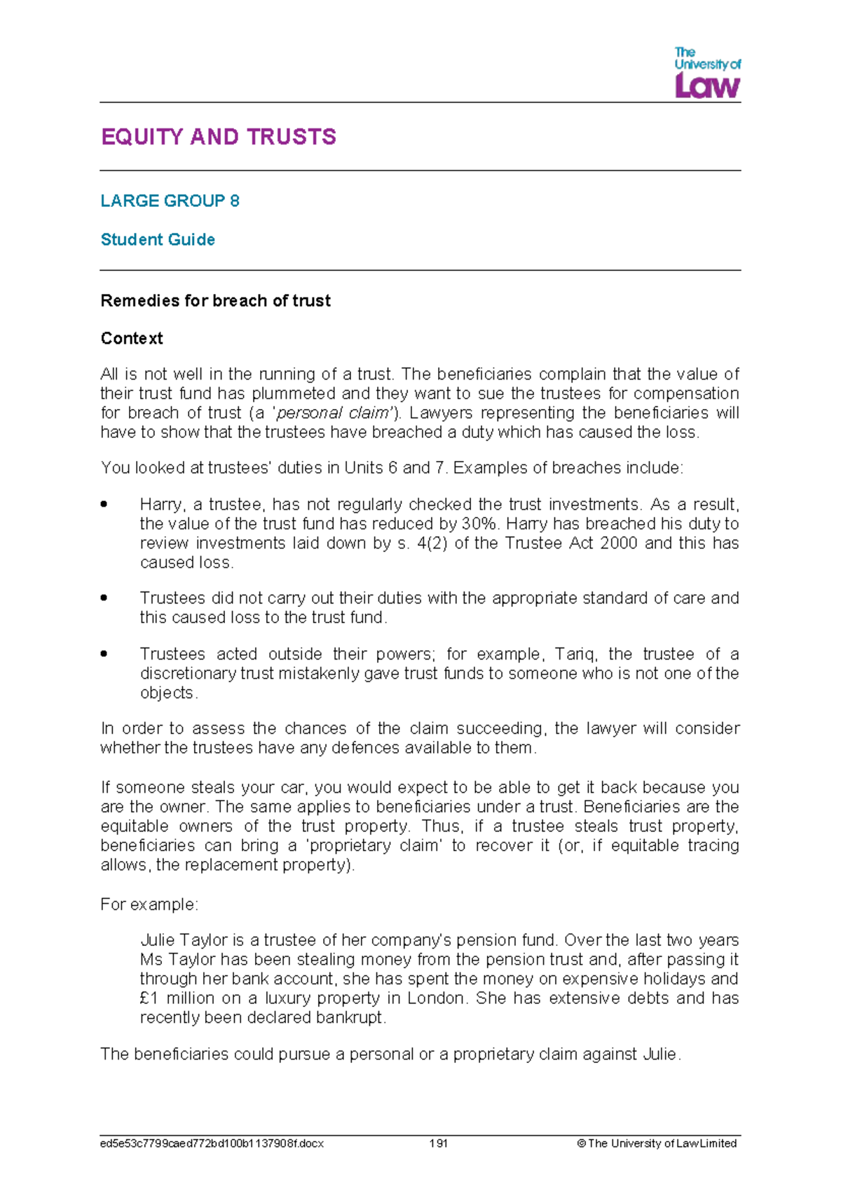 EQUITY AND TRUSTS LG8 - Remedies for Breach of Trust Explained - Studocu