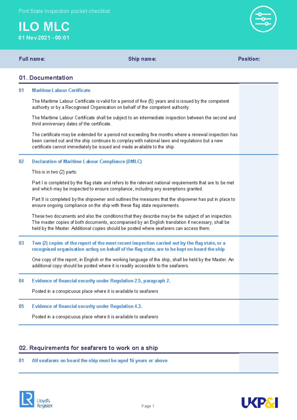 Port State Inspection Pocket Checklist ILO MLC - Nov 2021 - Studocu