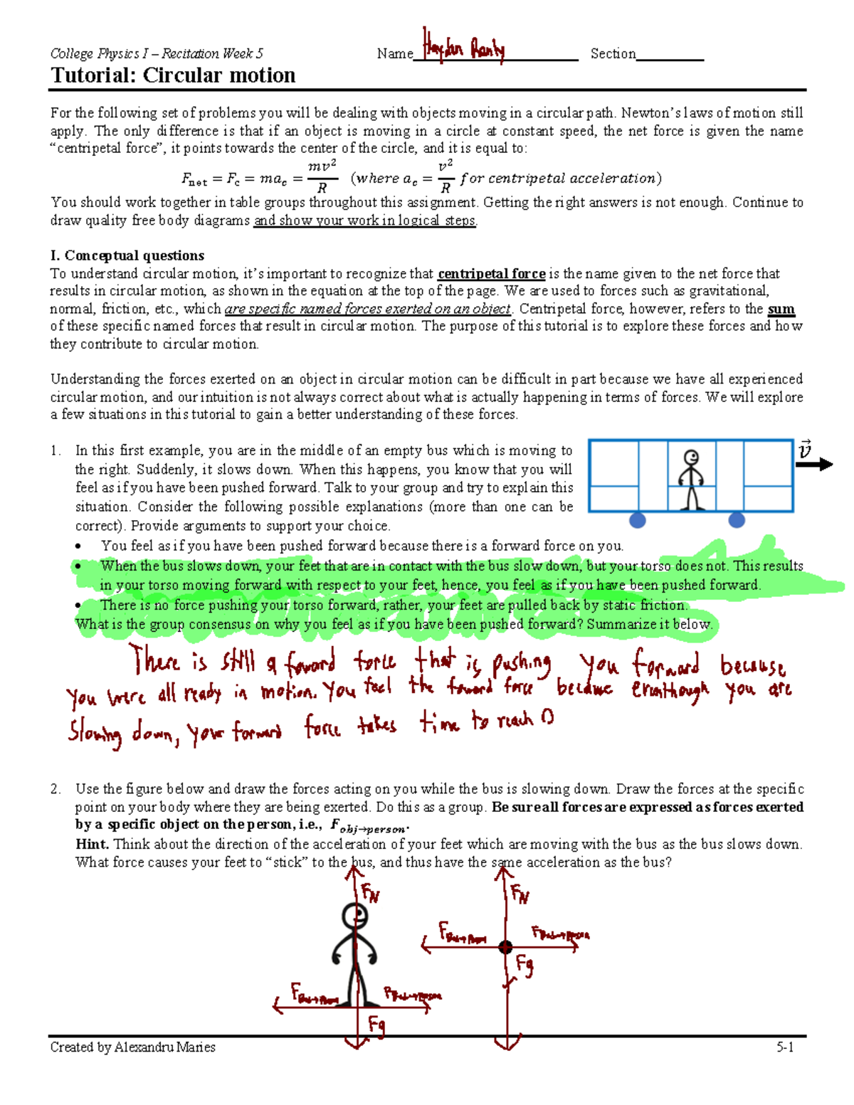 Physics I Recitation W5: Circular Motion Concepts & Problems - Studocu