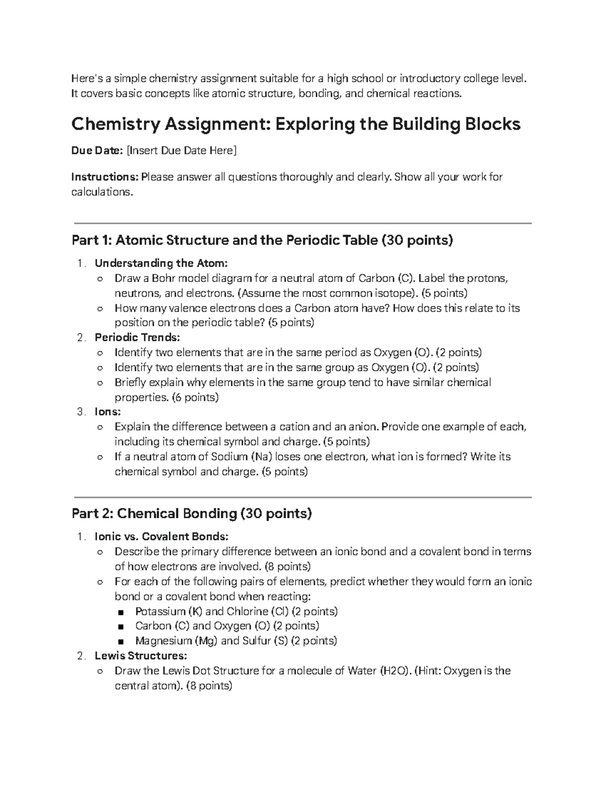 Chemistry 101: Basic Concepts Assignment on Atomic Structure & Bonding ...