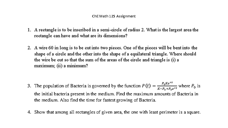 ChE Math 125 Assignment 1: Optimization Problems in Geometry - Studocu