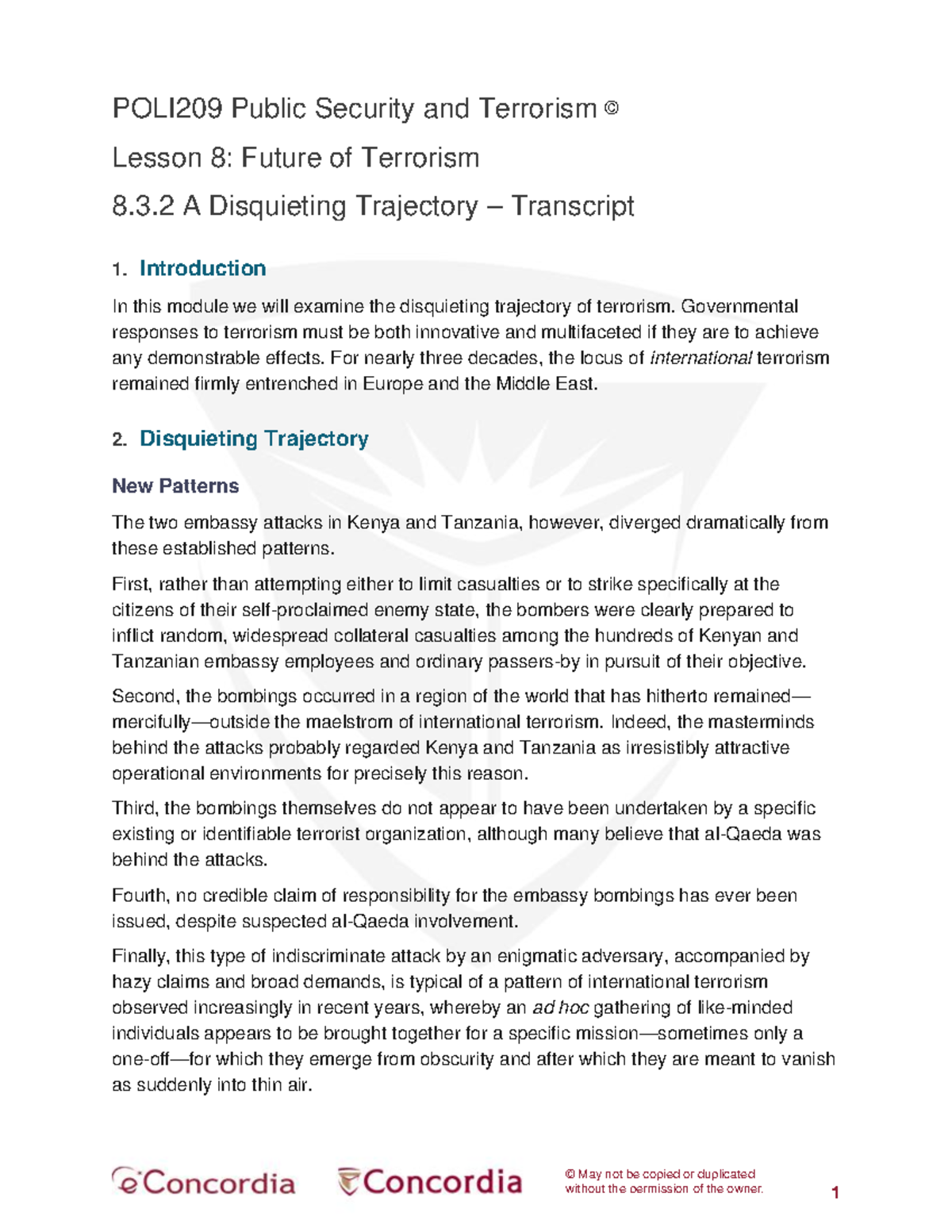 POLI209 Lesson 8.3.2: Disquieting Trajectory of Terrorism Transcript ...