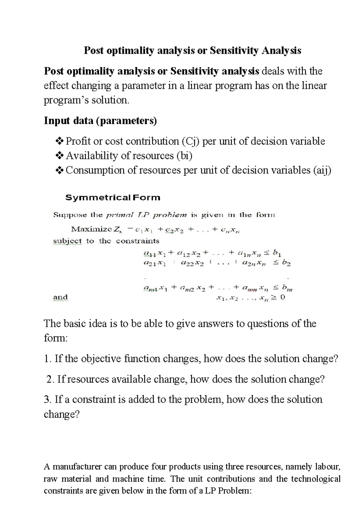 Sensitivity Analysis in Operations Research (OR) for LP Problems - Studocu