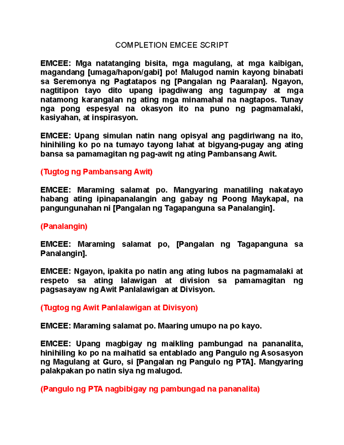 Moving UP Completion Emcee Script: Ceremonial Flow in English ...