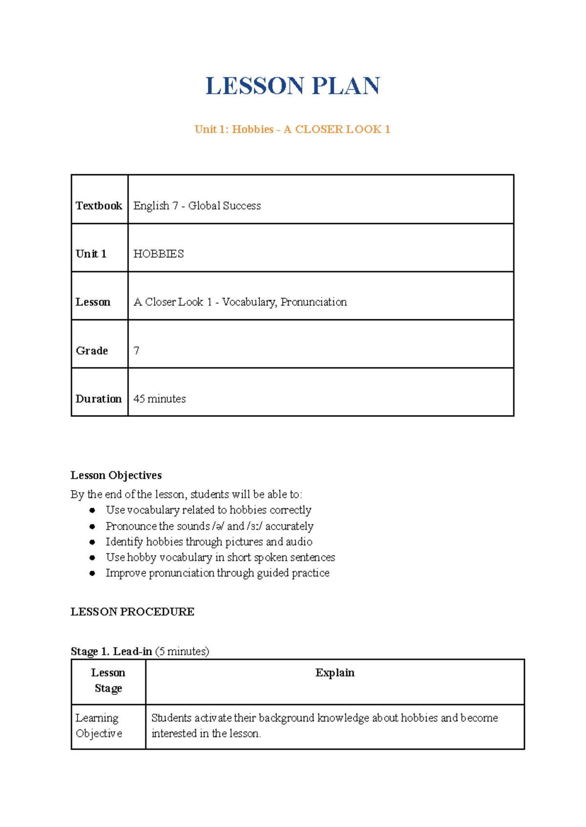 Lesson Plan: Unit 1 Hobbies - A Closer Look 1 (English 7) - Studocu