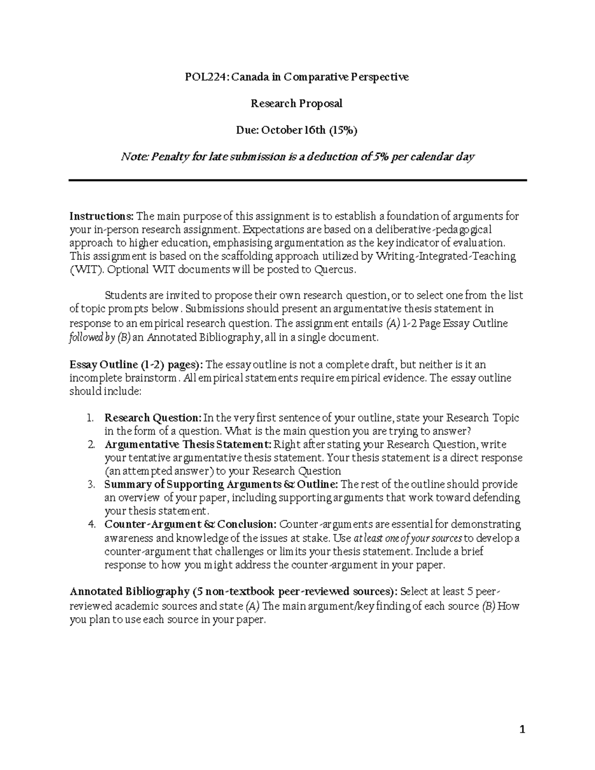 POL224 Research Proposal: Canada in Comparative Perspectives - Studocu