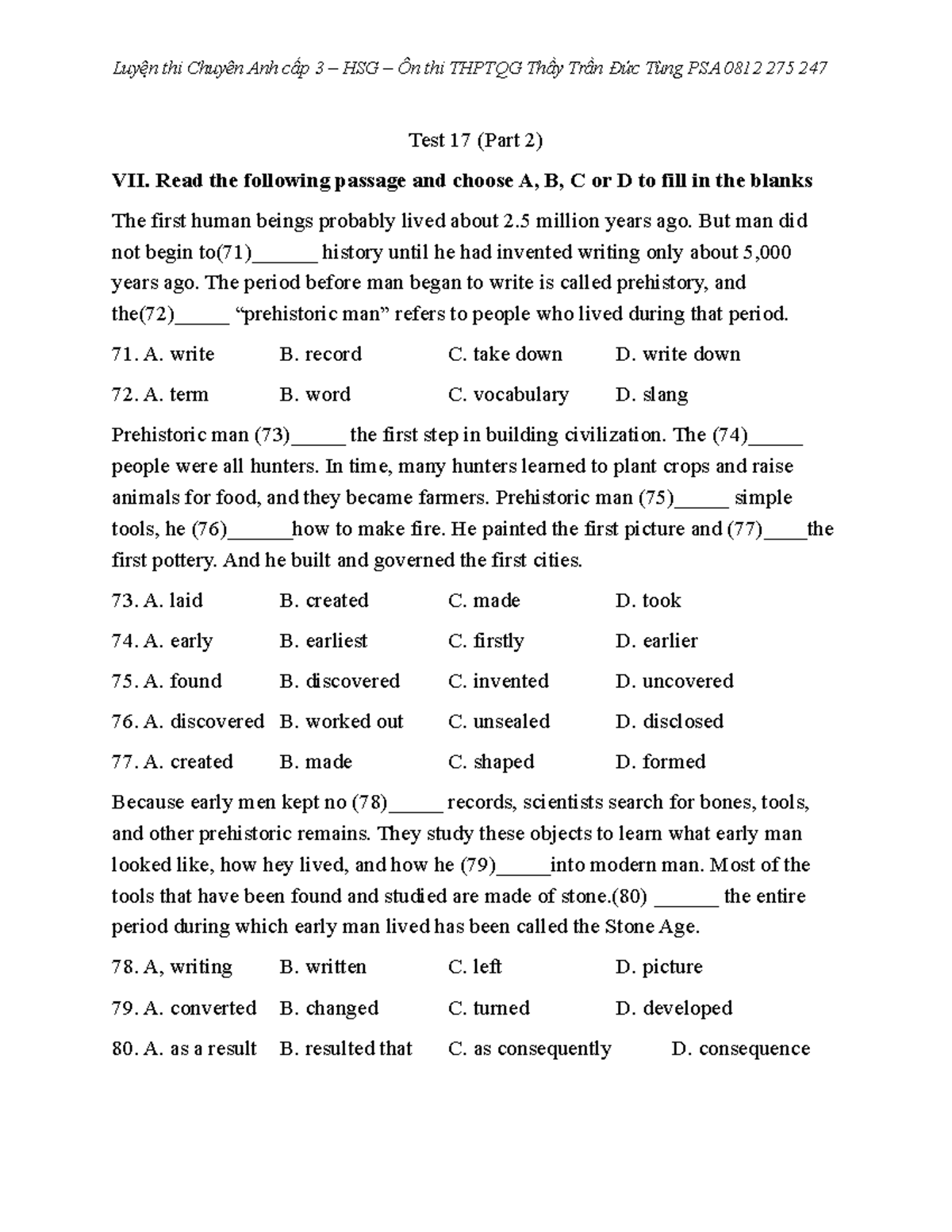 Test 17 Part 2 - for students who need to use - Test 17 (Part 2) VII ...