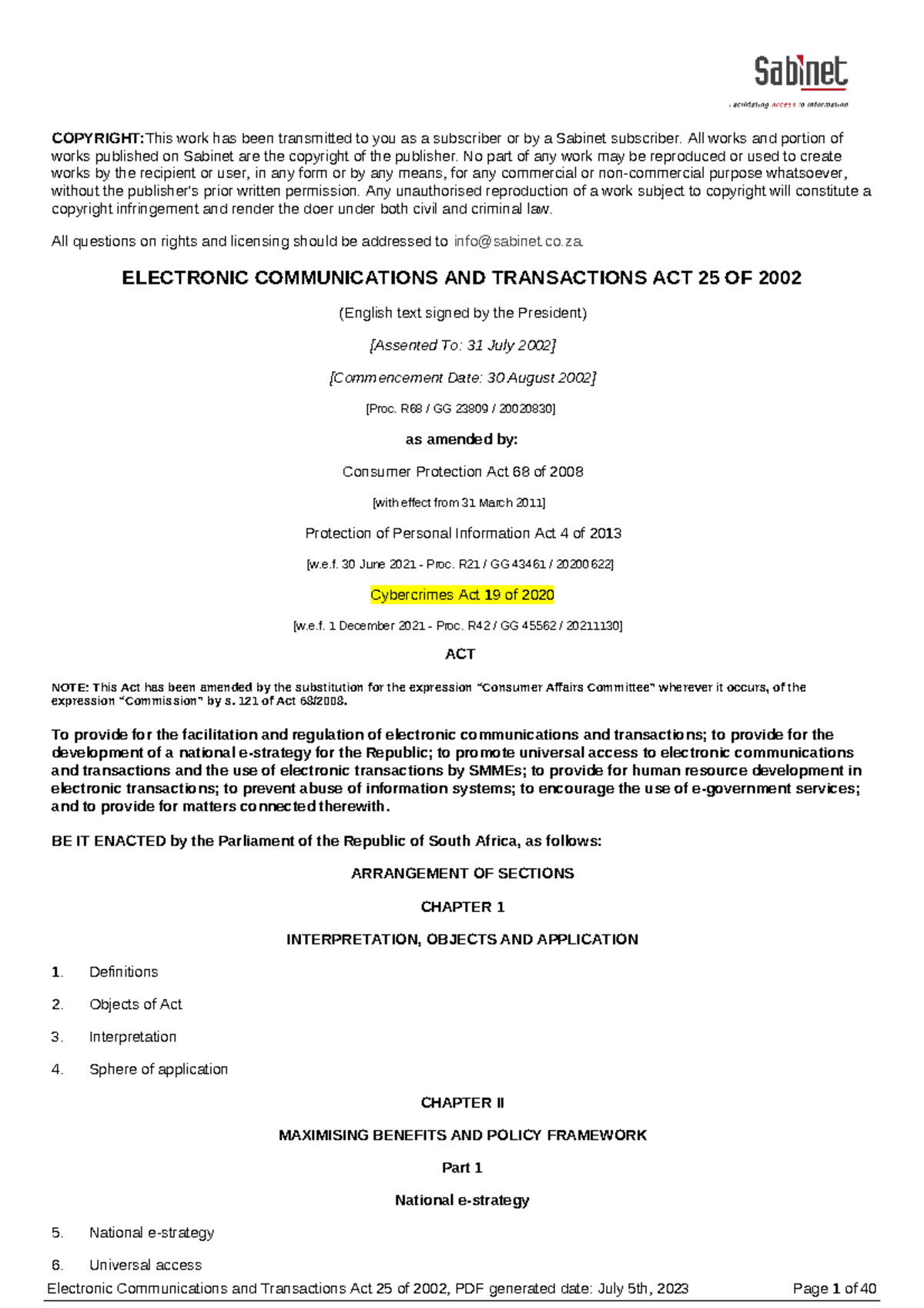 Electronic Communications and Transactions Act 25 of 2002 - Notes - Studocu