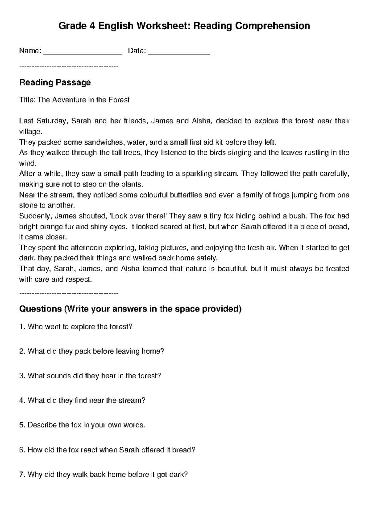 Grade 4 English Reading Comprehension Worksheet: The Adventure in the ...