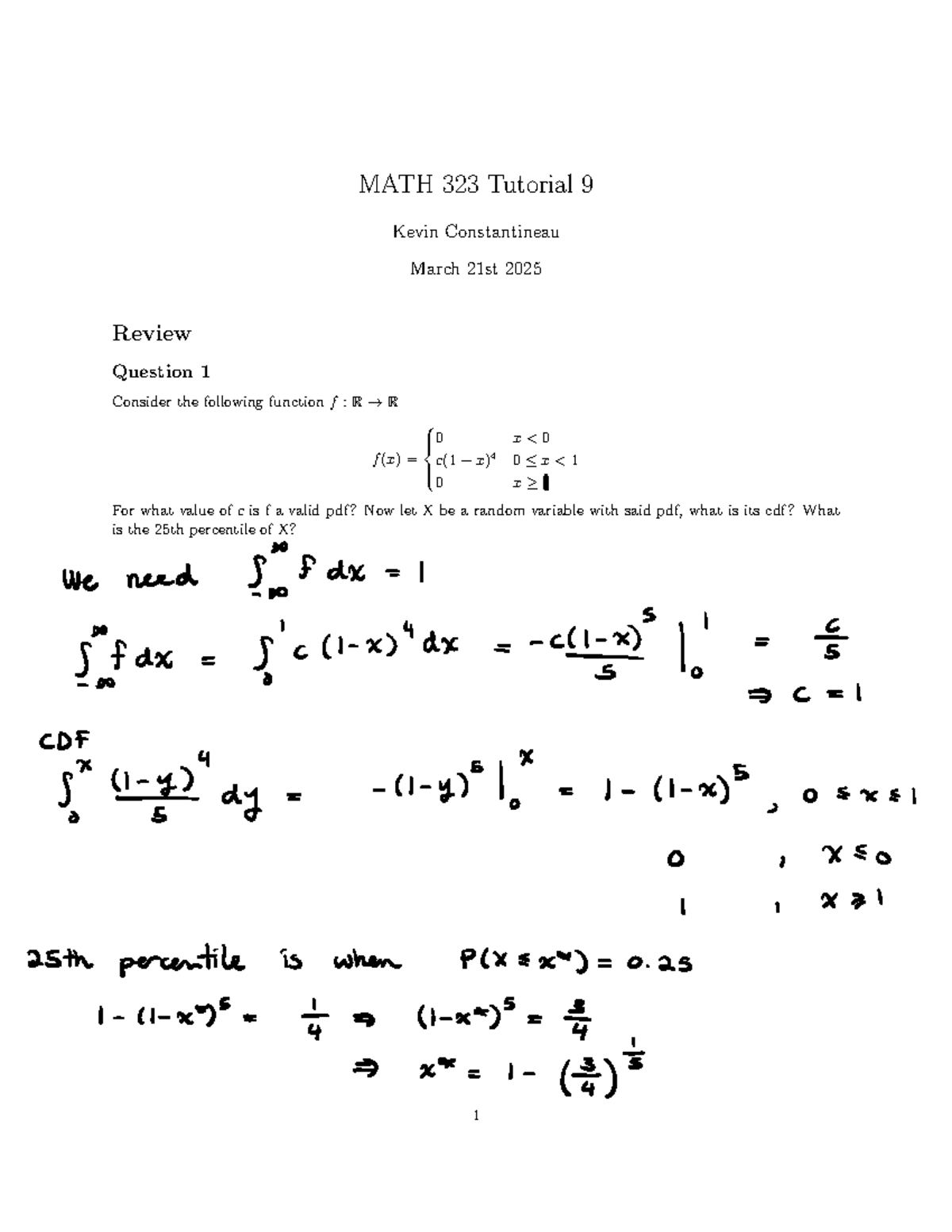 MATH 323 Tutorial 9 Review and Solutions on Probability Distributions ...