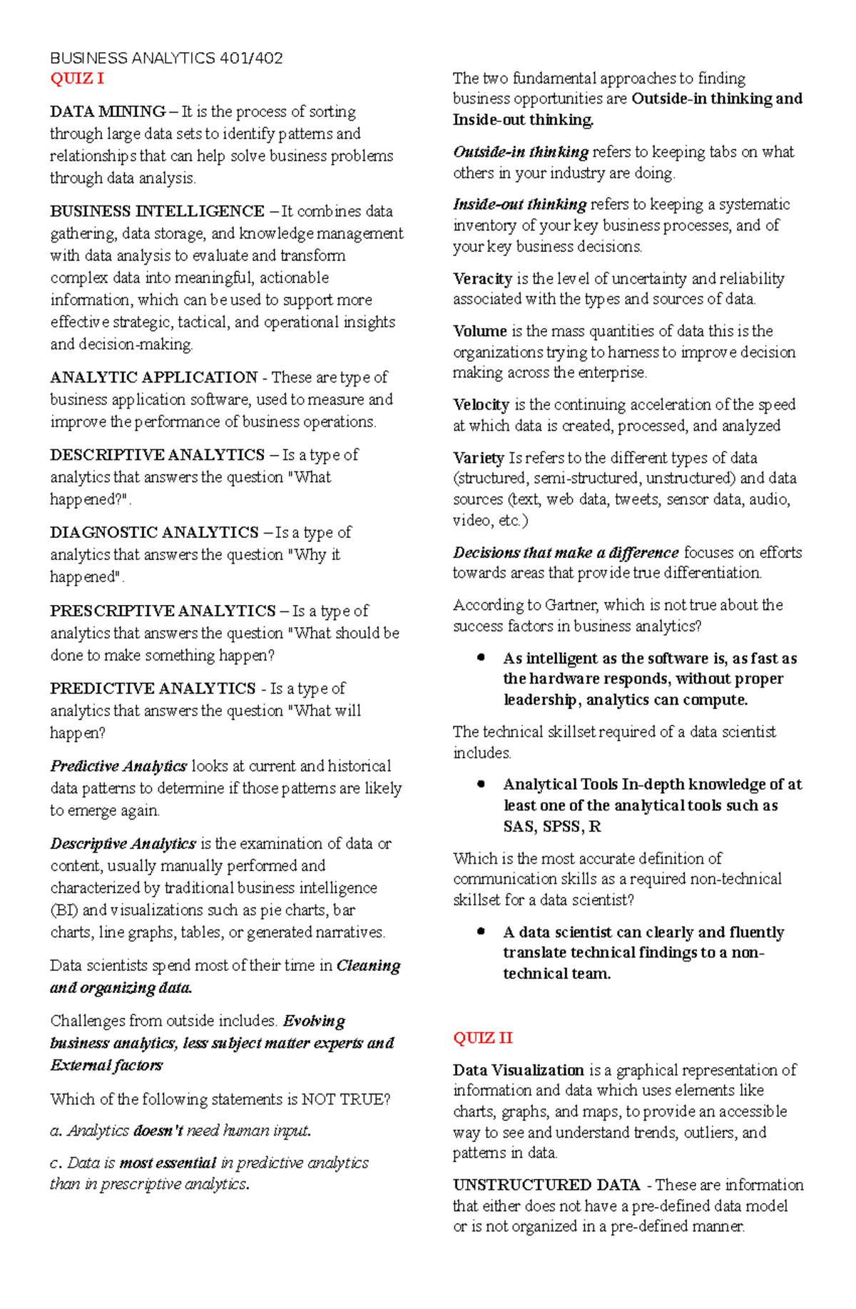 ANA 401&402 Midterm Review: Key Concepts in Business Analytics - Studocu