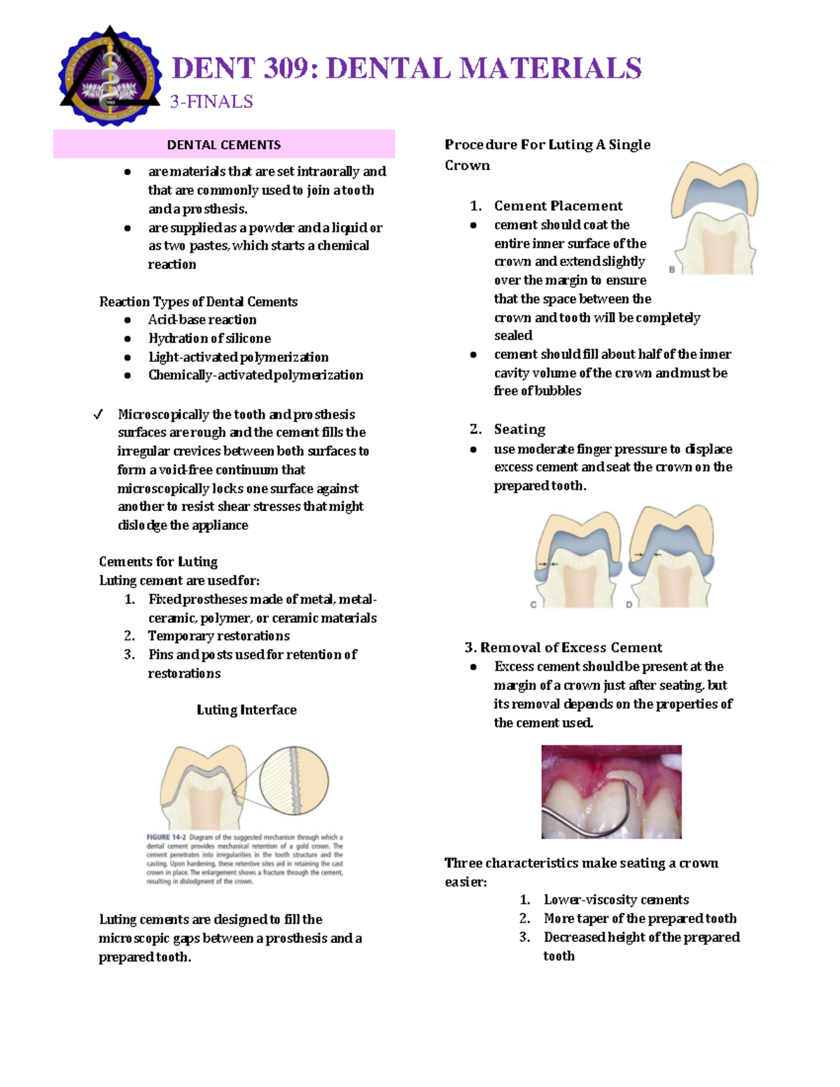 DENT 309: DENTAL MATERIALS - Comprehensive Study Guide for Finals - Studocu