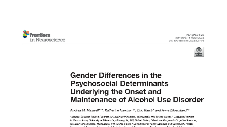 Gender Differences in Psychosocial Factors of Alcohol Use Disorder (AUD ...