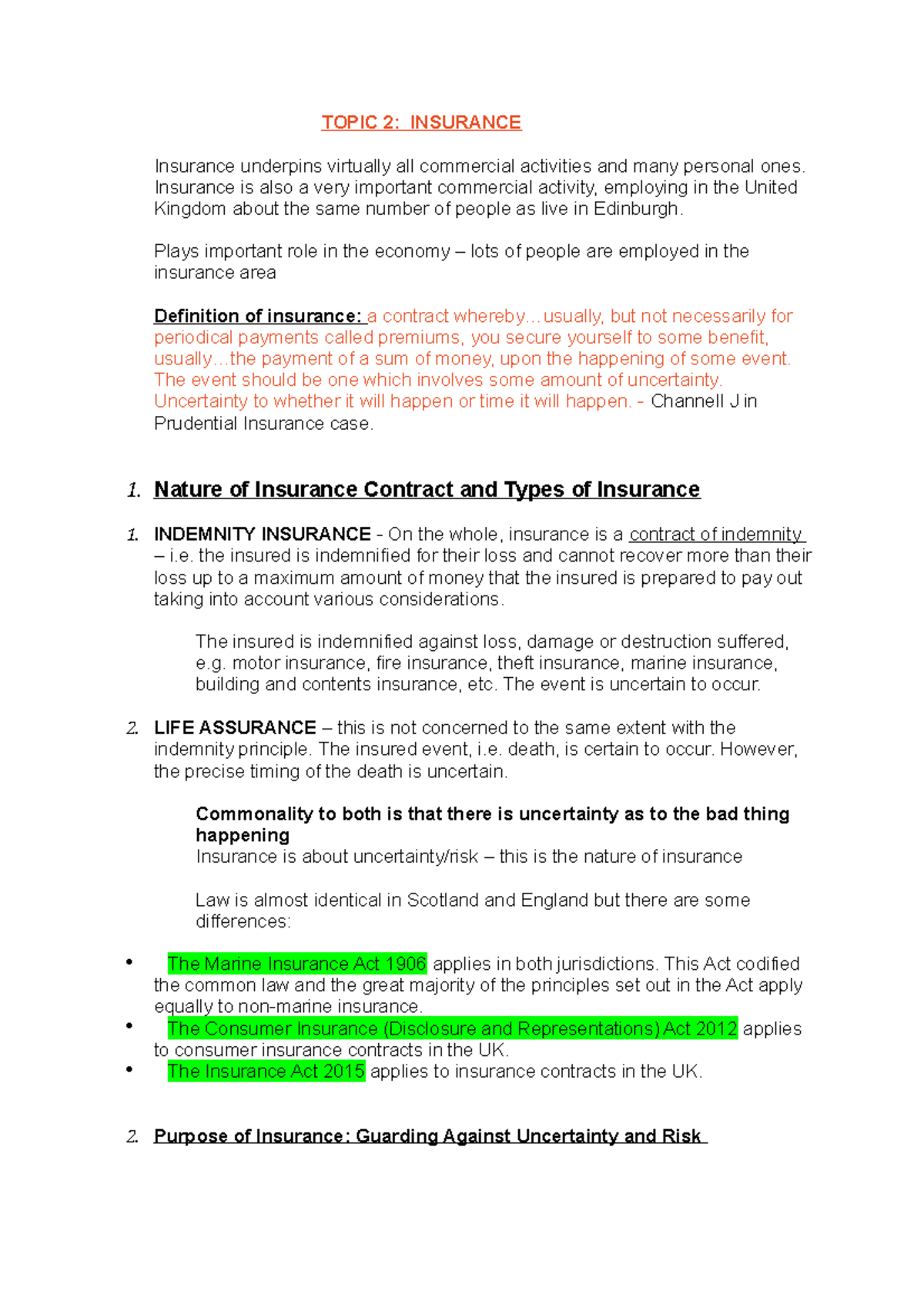 Insurance - Lecture notes Topic 2 - TOPIC 2: INSURANCE 1. 1. Insurance ...
