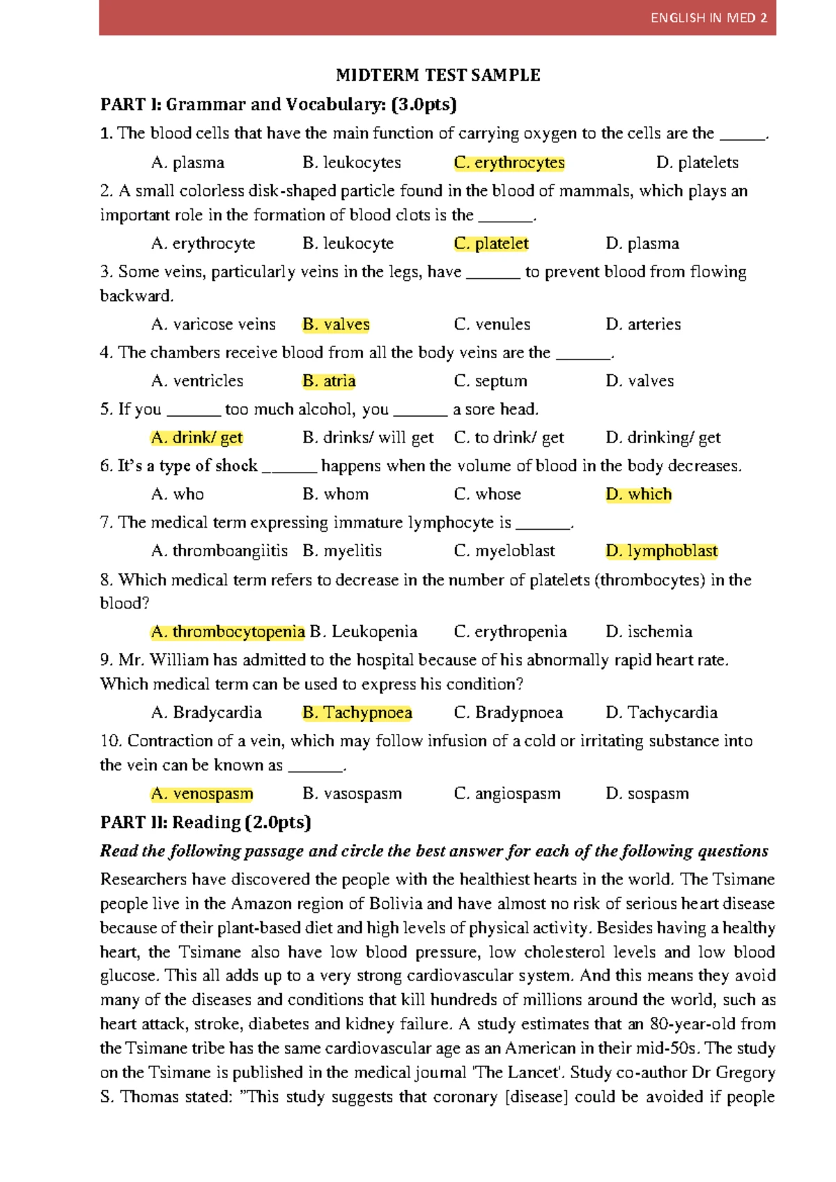 Exercise on the Nervous System: ENGLISH IN MEDICINE 3 Activities - Studocu