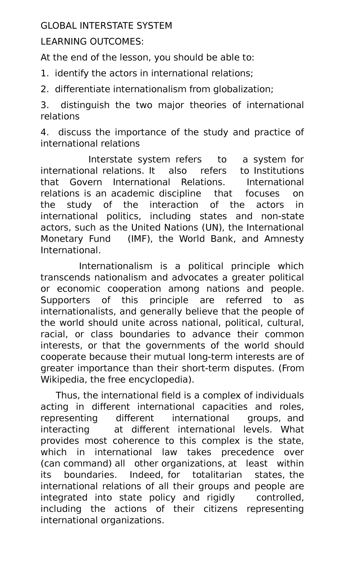 GLOBAL INTERSTATE SYSTEM: Learning Outcomes & Key Theories - Studocu