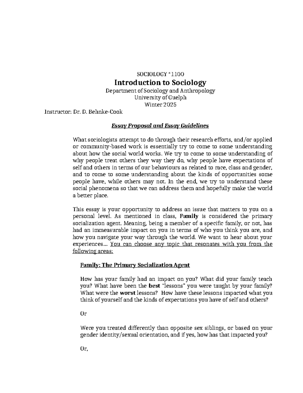 SOC 1100 Essay Proposal: Exploring Family as a Socialization Agent ...