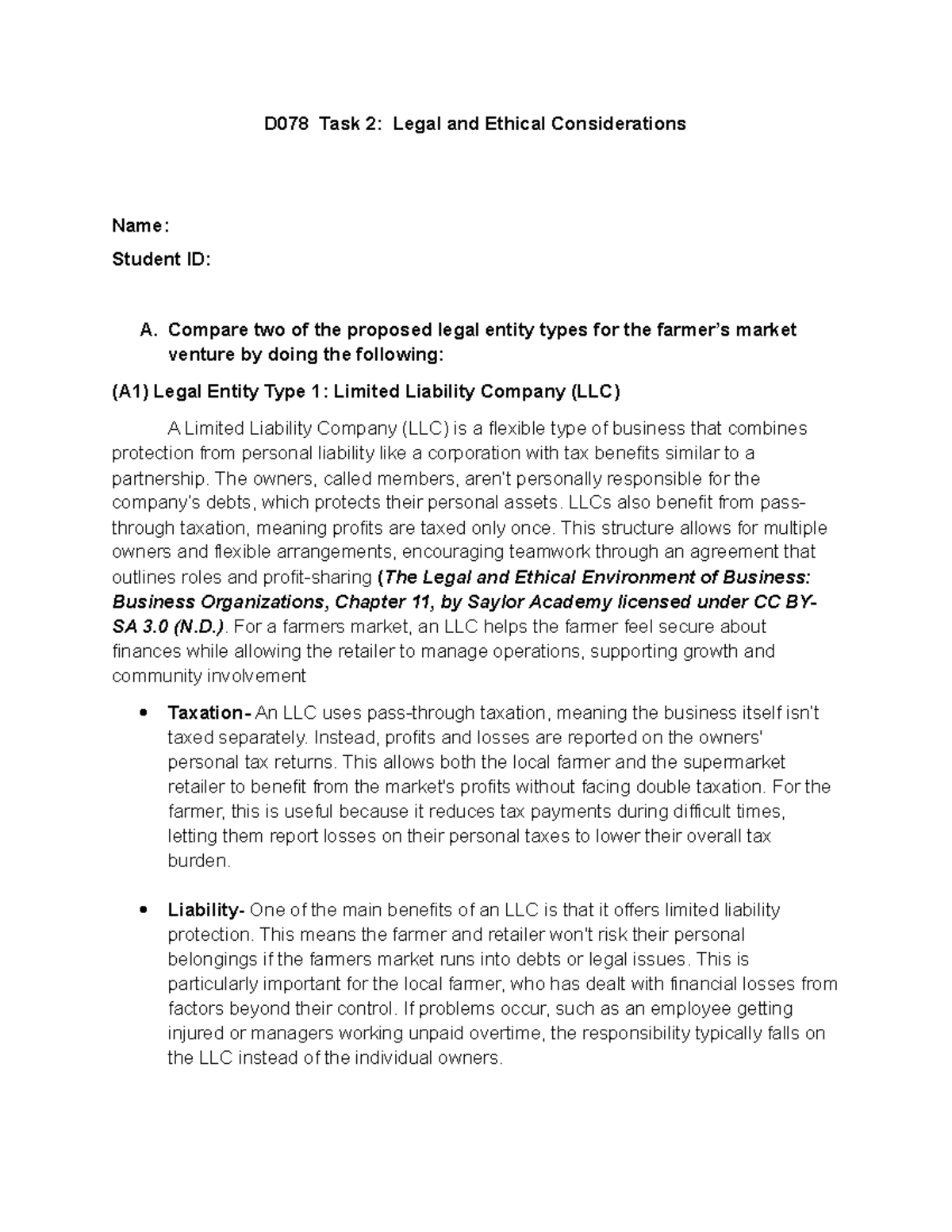 D078 Task 2: Comparing Legal Structures for Farmers Market Venture ...