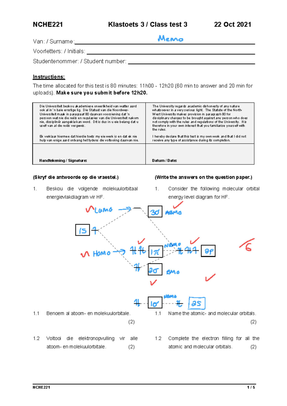 NCHE221 Class Test 3: Molecular Orbitals and Bonding Concepts - Studocu