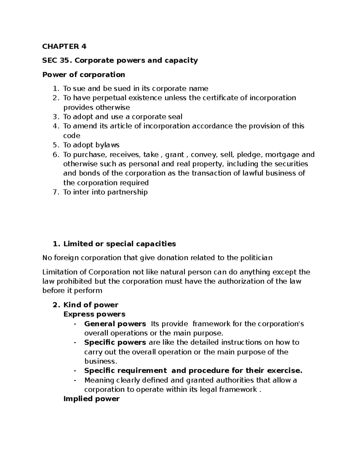 Title IV Power OF Corporation - CHAPTER 4 SEC 35. Corporate powers and ...