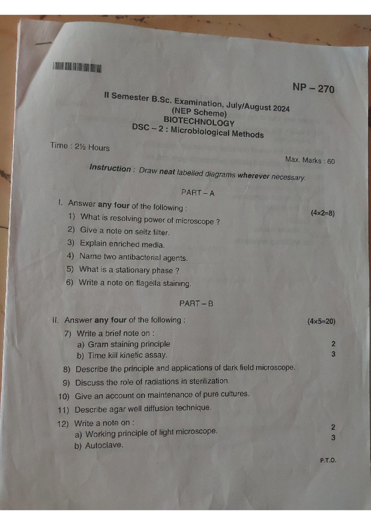 Biotechnology 2nd sem - NP 270 II Semester B. Examination, 2024 (NEP ...