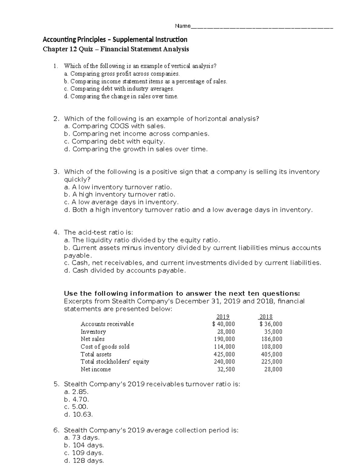 Accounting Principles - Chapter 12 Quiz on Financial Statement Analysis ...
